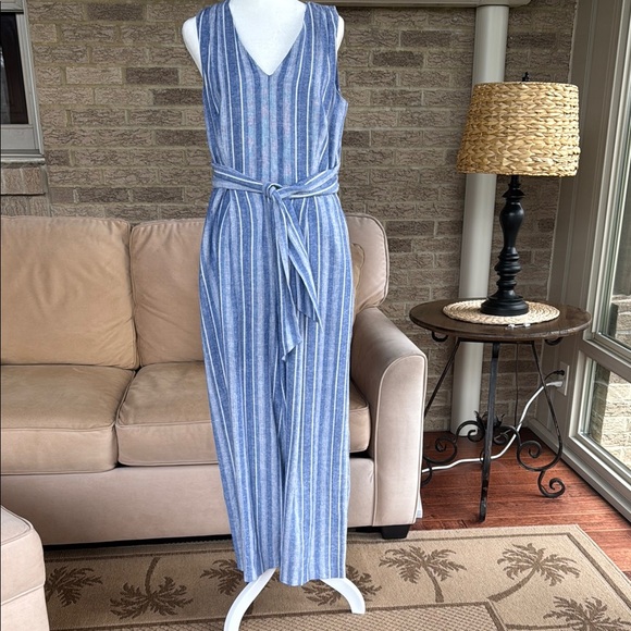 Striped Blue Sleeveless Jumpsuit - Picture 1 of 2